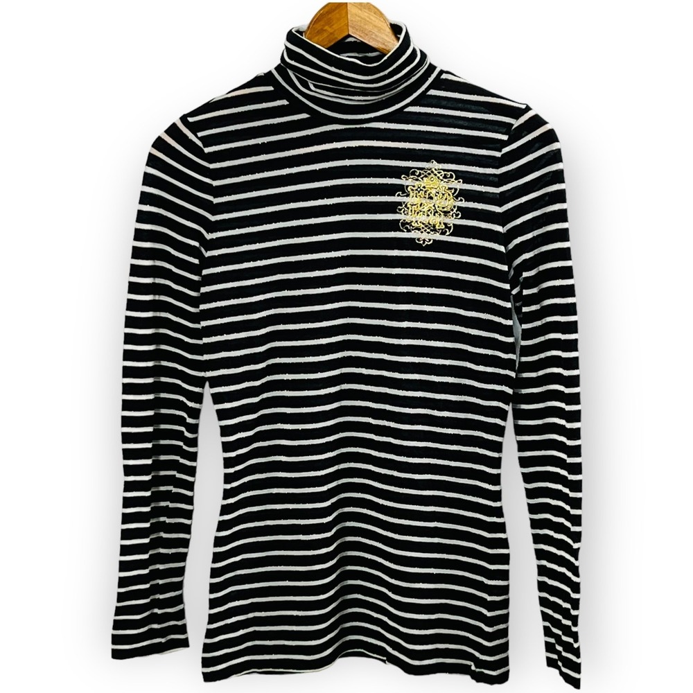 Express Striped Turtleneck‎ Top S Black White Long Sleeve Gold Crest Y2K - Picture 2 of 10